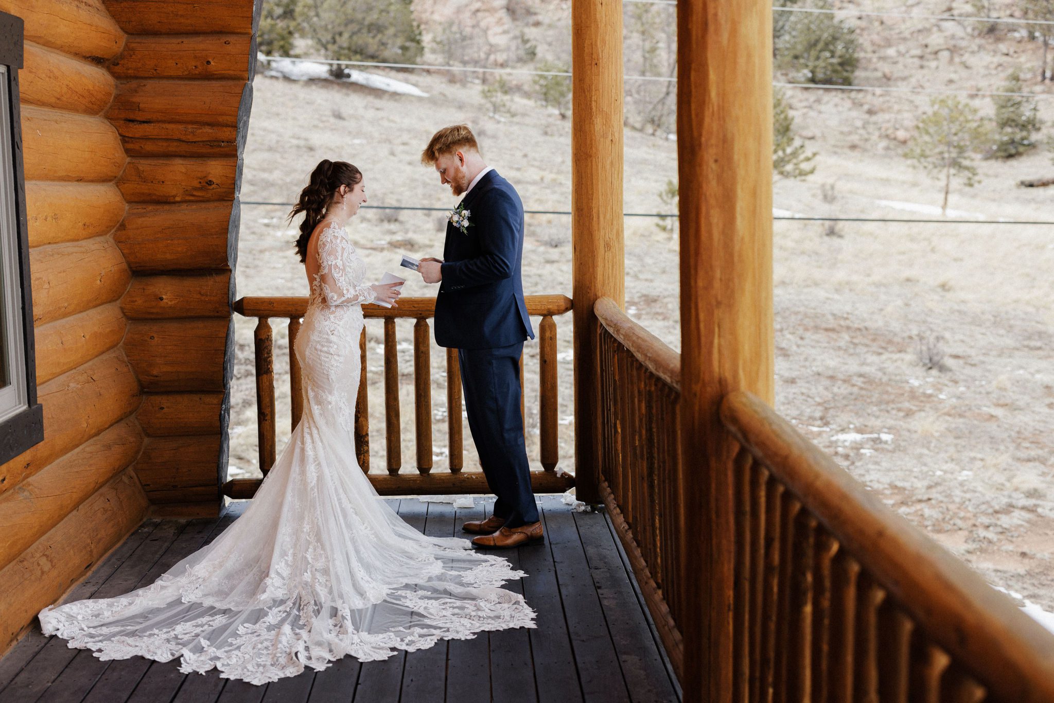bride and groom say wedding vows on the deck of a colorado airbnb