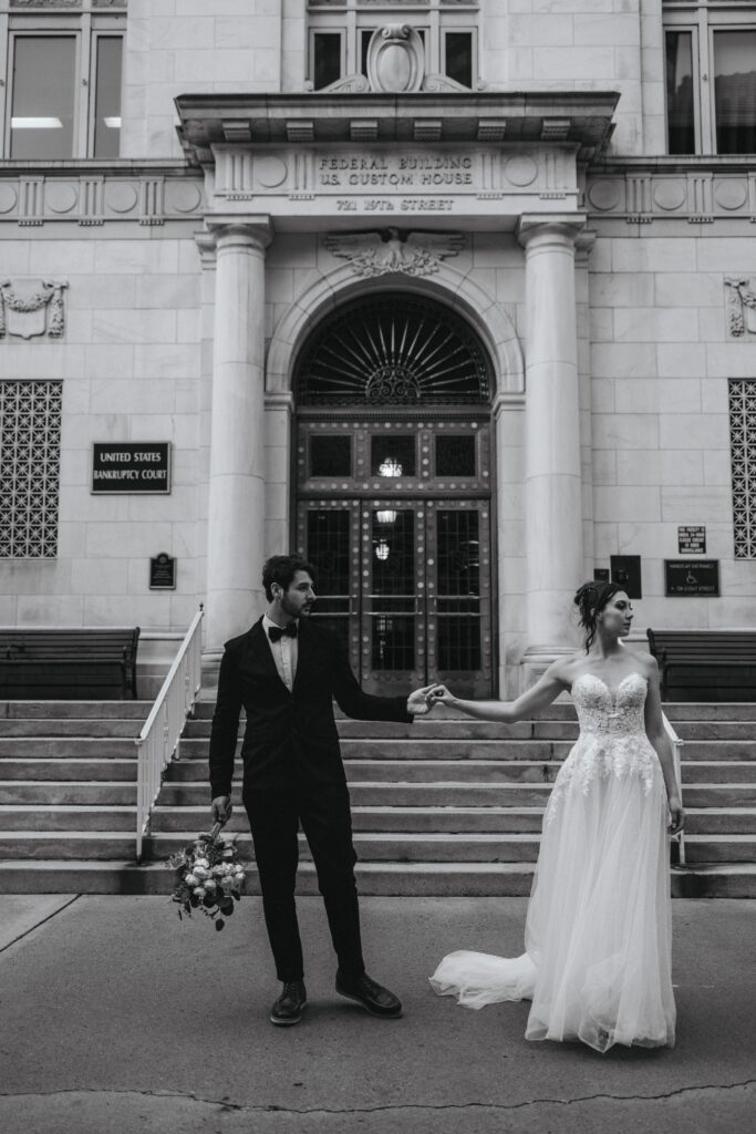 bride and groom get bridal portraits before byron white courthouse elopement.