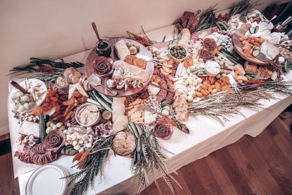 charcuterie table set up during western wedding reception.