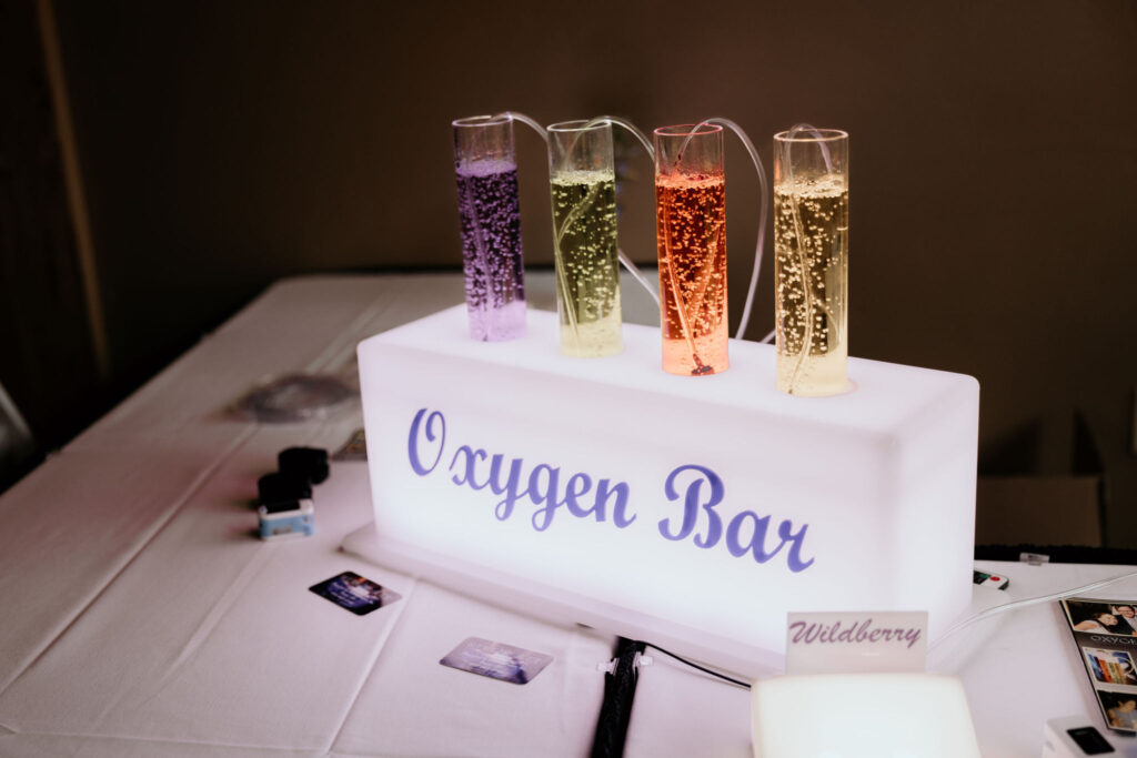 oxygen bar is set up for a ski mountain wedding in colorado's Arapahoe Basin.