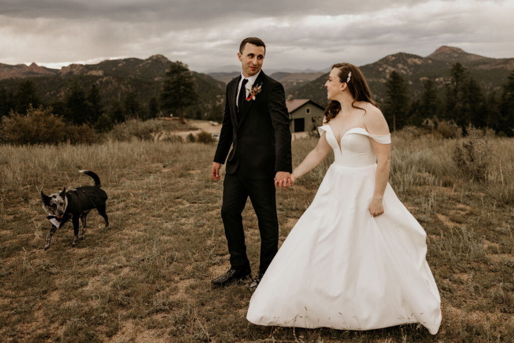 bride and groom hold hands with dog beside them during their mountain top micro wedding in colorado.