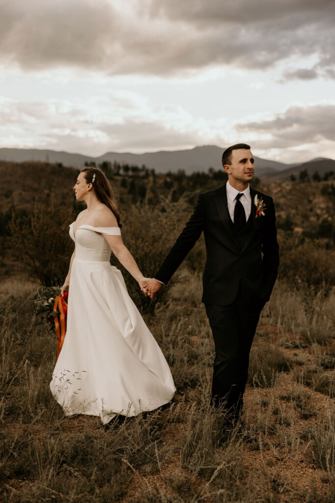 bride and groom hold hands and face away at the mountains during their colorado micro wedding.