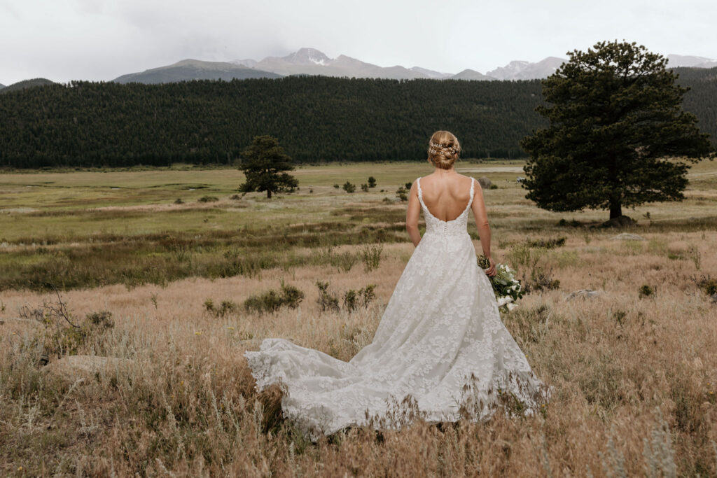 bride stands in front of rocky mountains and faces away during colorado wedding in estes park.