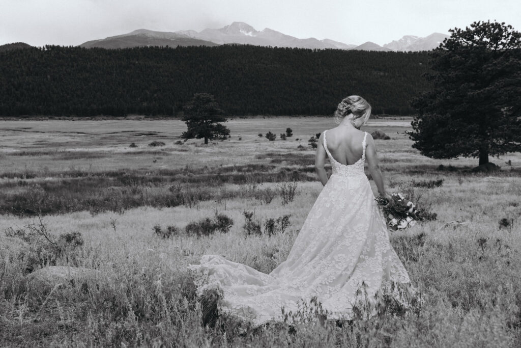 bride stands in front of rocky mountains and faces away during wedding portraits at rocky mountain national park in colorado.