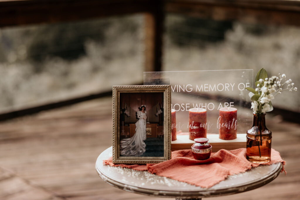 memorial table set up at airbnb micro wedding.