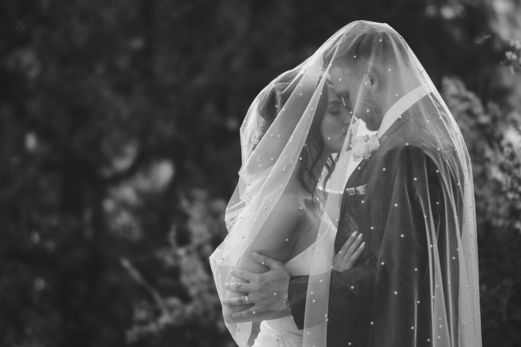 bride and groom embrace under brides veil.