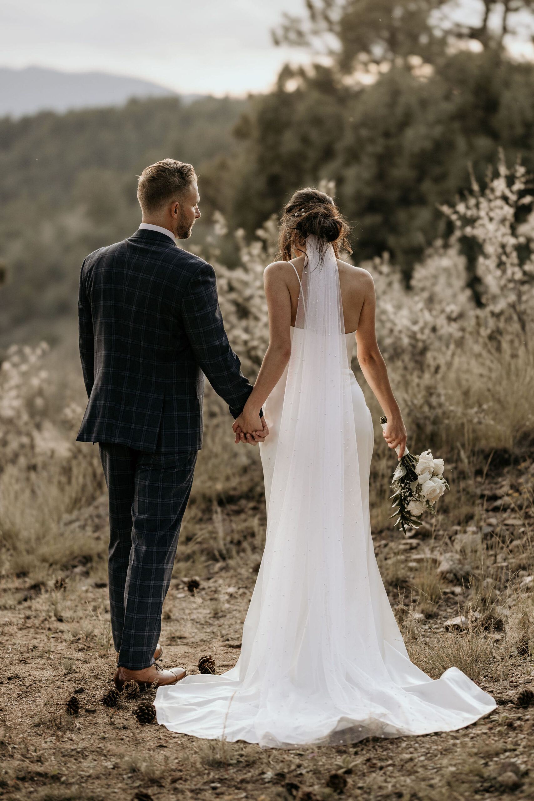 bride and groom face the colorado mountains during micro wedding.