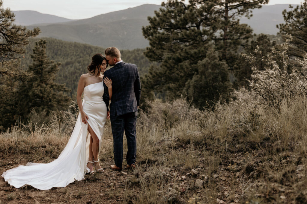 bride and groom pose in front of the colorado mountains during wedding day.