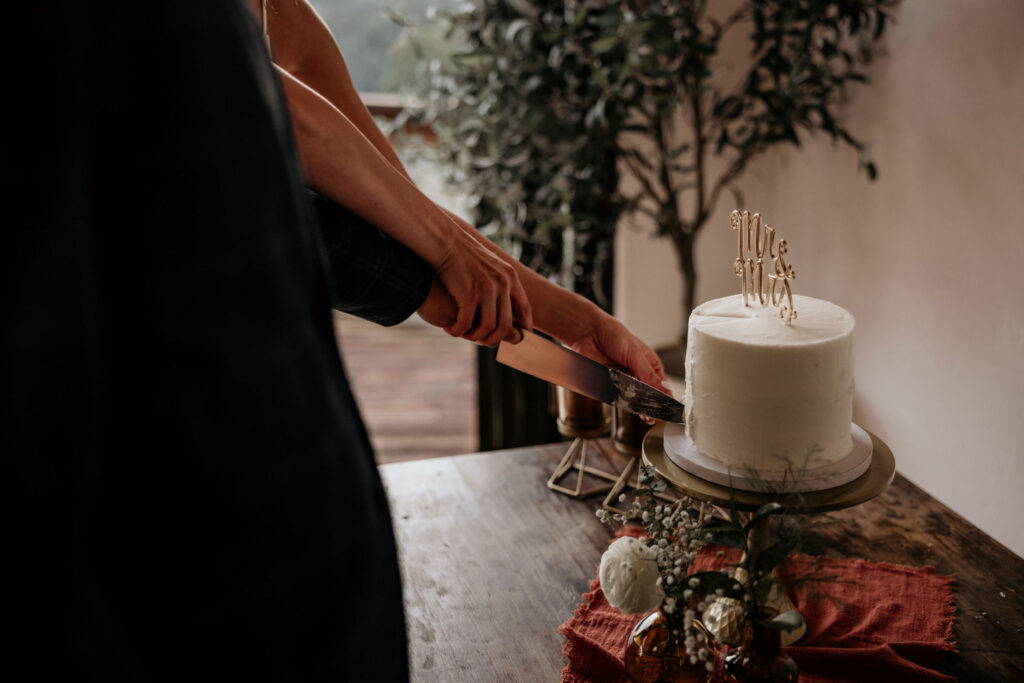 bride and groom slice wedding cake in a colorado airbnb.