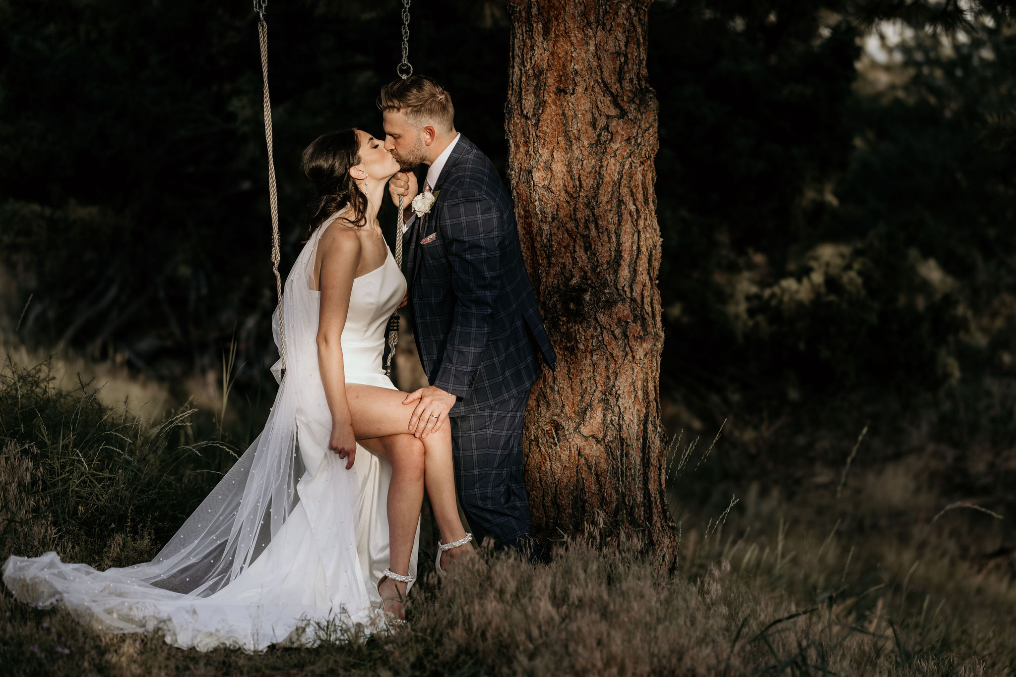 bride sits on tree swing and groom kisses her during wedding portraits.
