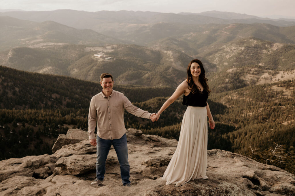 engaged couple stands at lost gulch during engagement photos.