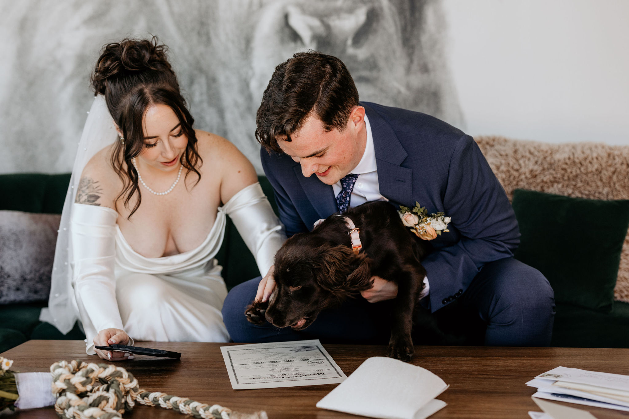 bride, groom, and dog sign colorado marriage certificate.