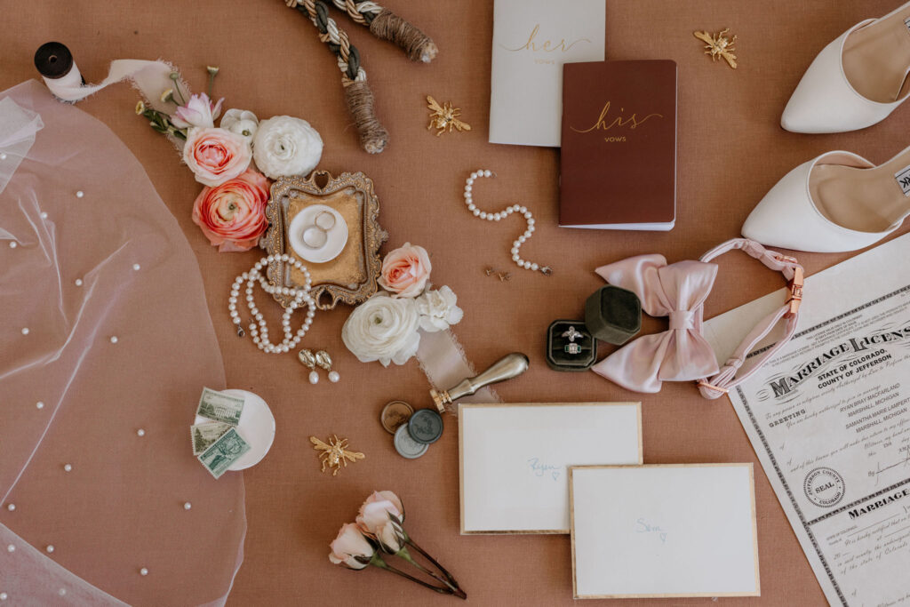 flat lay photo with wedding details.