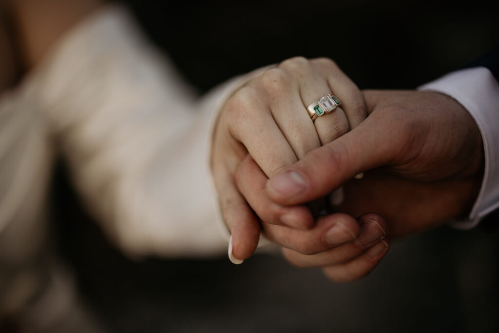 close up image of bride's wedding ring.