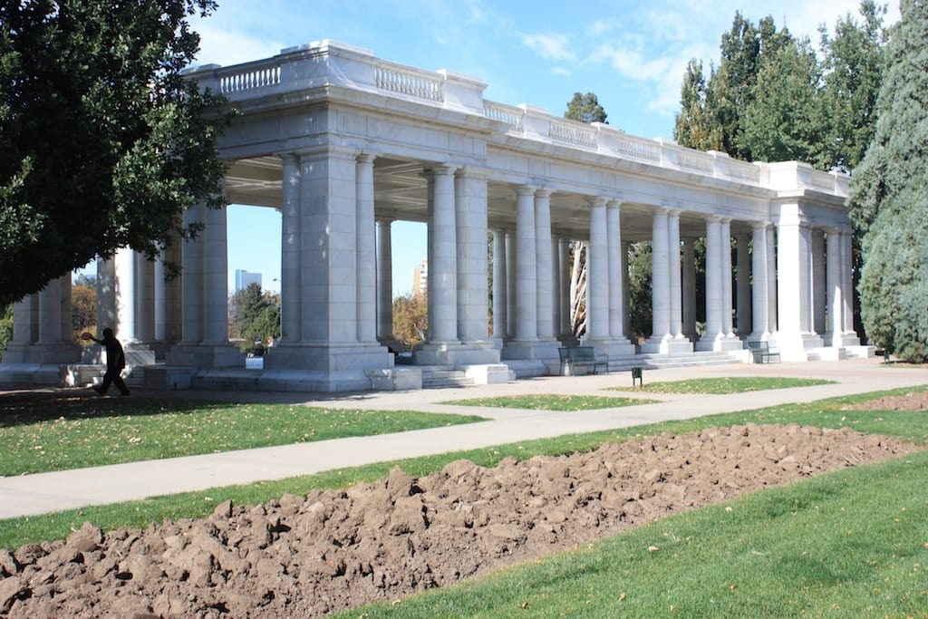 marble building at a denver engagement photo location