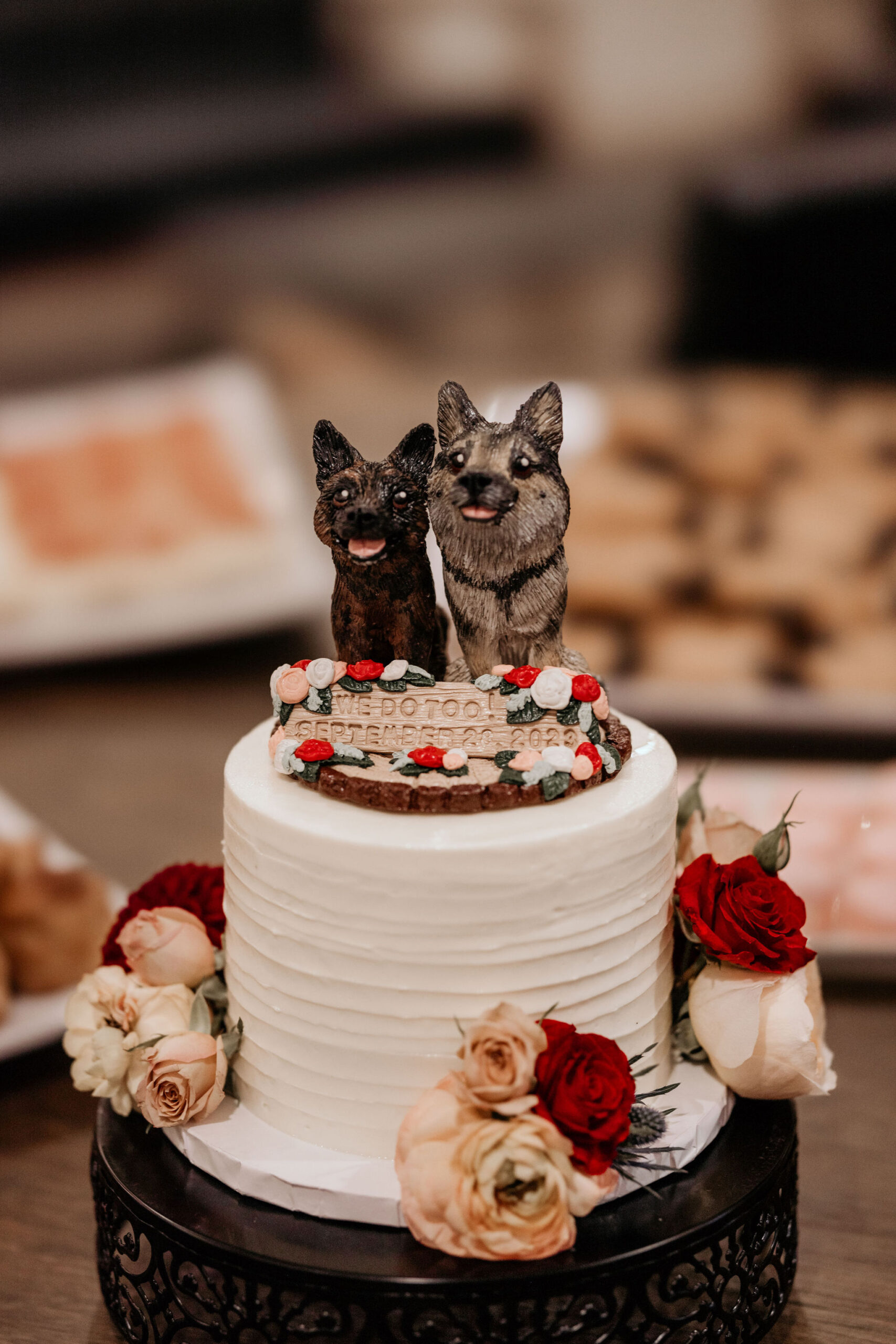 wedding cake with dog topper, made by colorado wedding vendor.