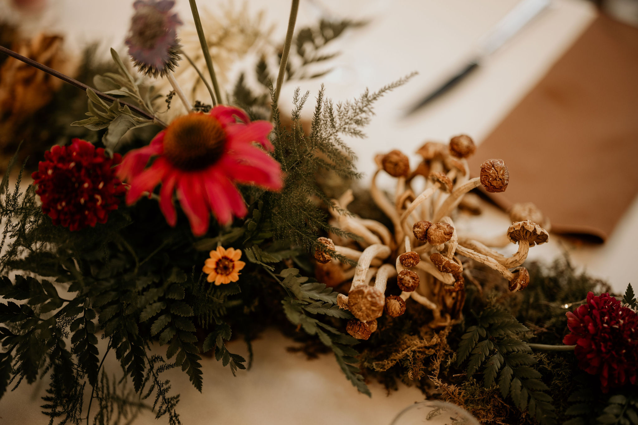 close up image of florals on a table during a micro wedding in colorado.