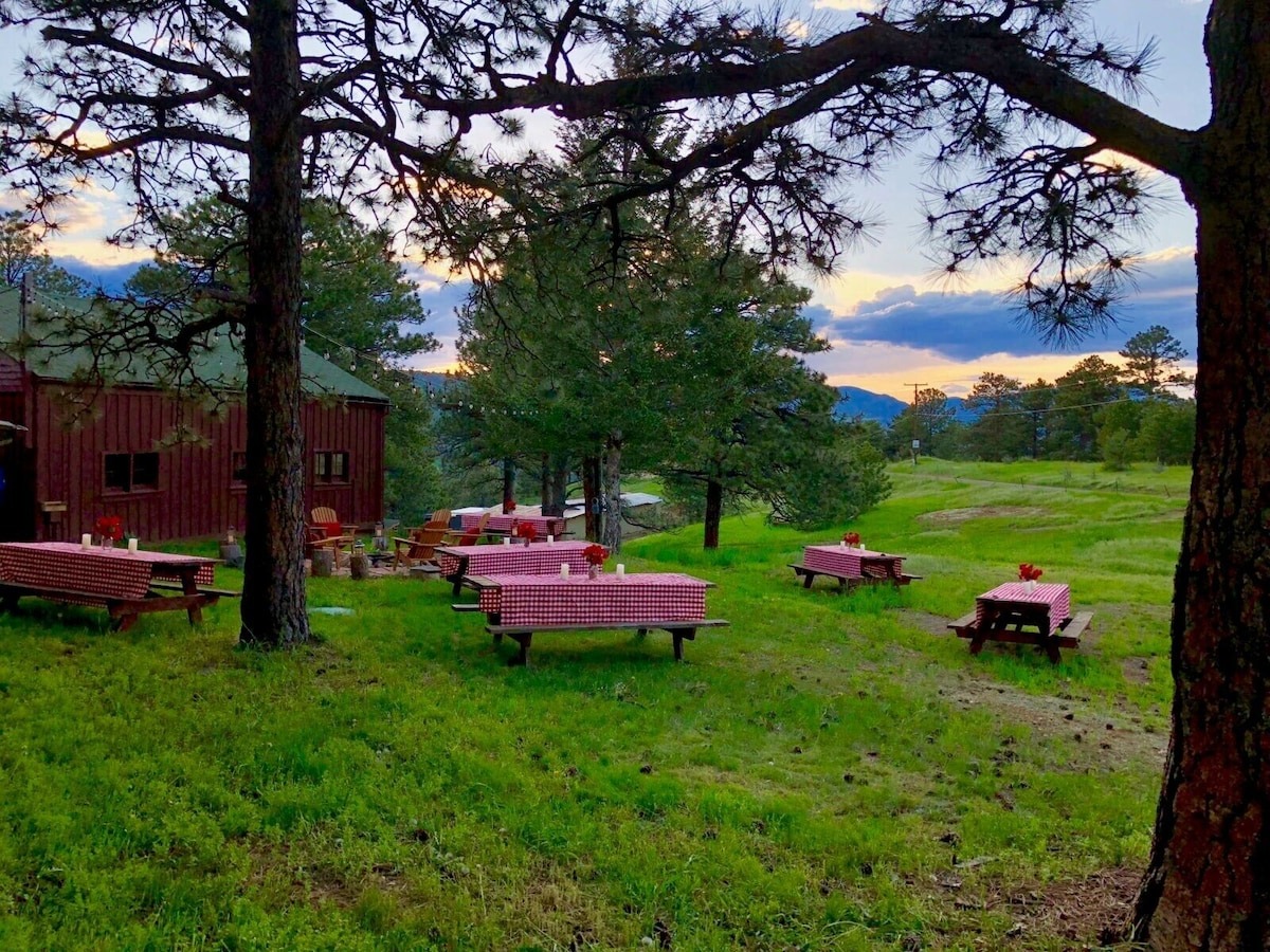 picnic table set up in field at colorado vrbo micro wedding venue