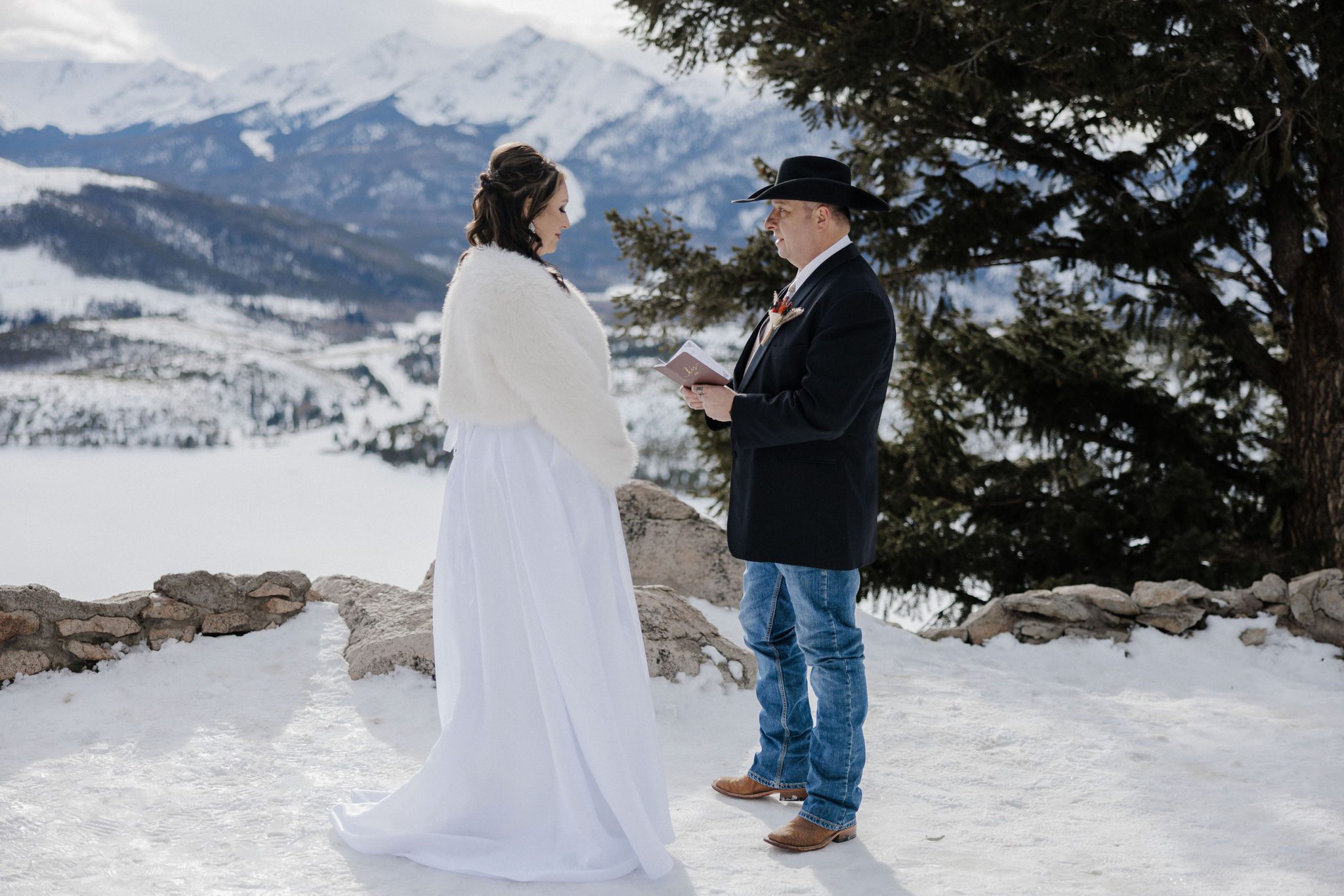Bride and groom say wedding vows at sapphire point overlook during elopement