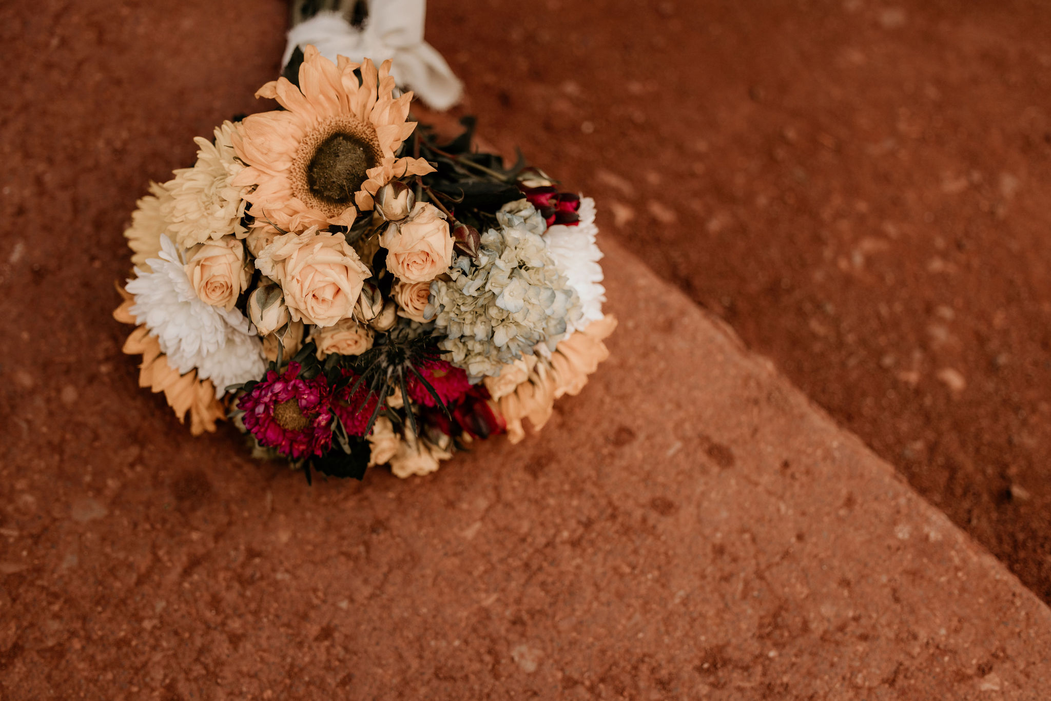 wedding bouquet sits on the ground at garden of the gods in winter.