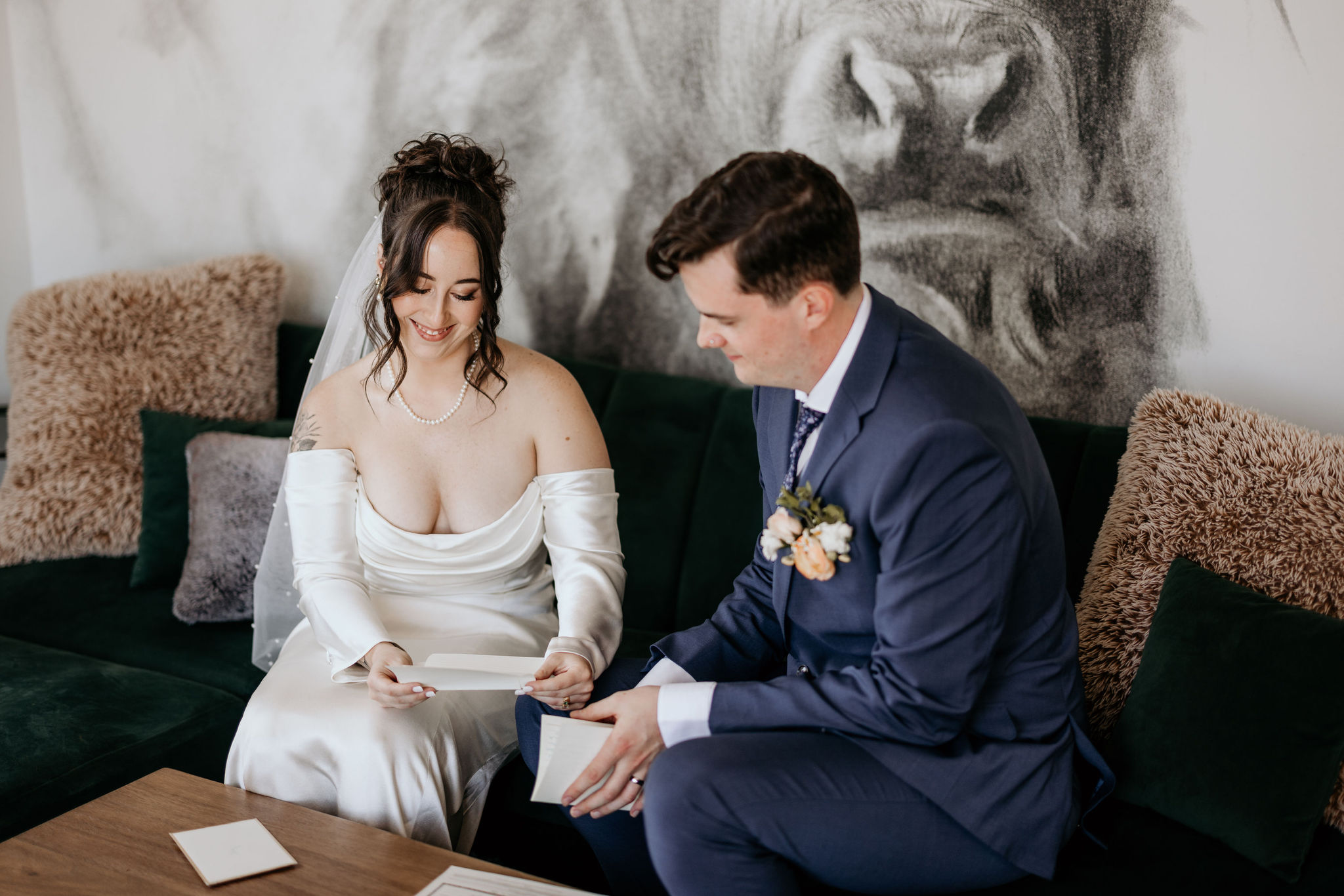 bride and groom read letters from family after cancel their wedding to elope.
