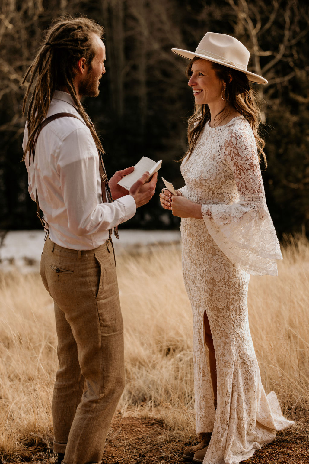 bride and groom say wedding vows during colorado elopement