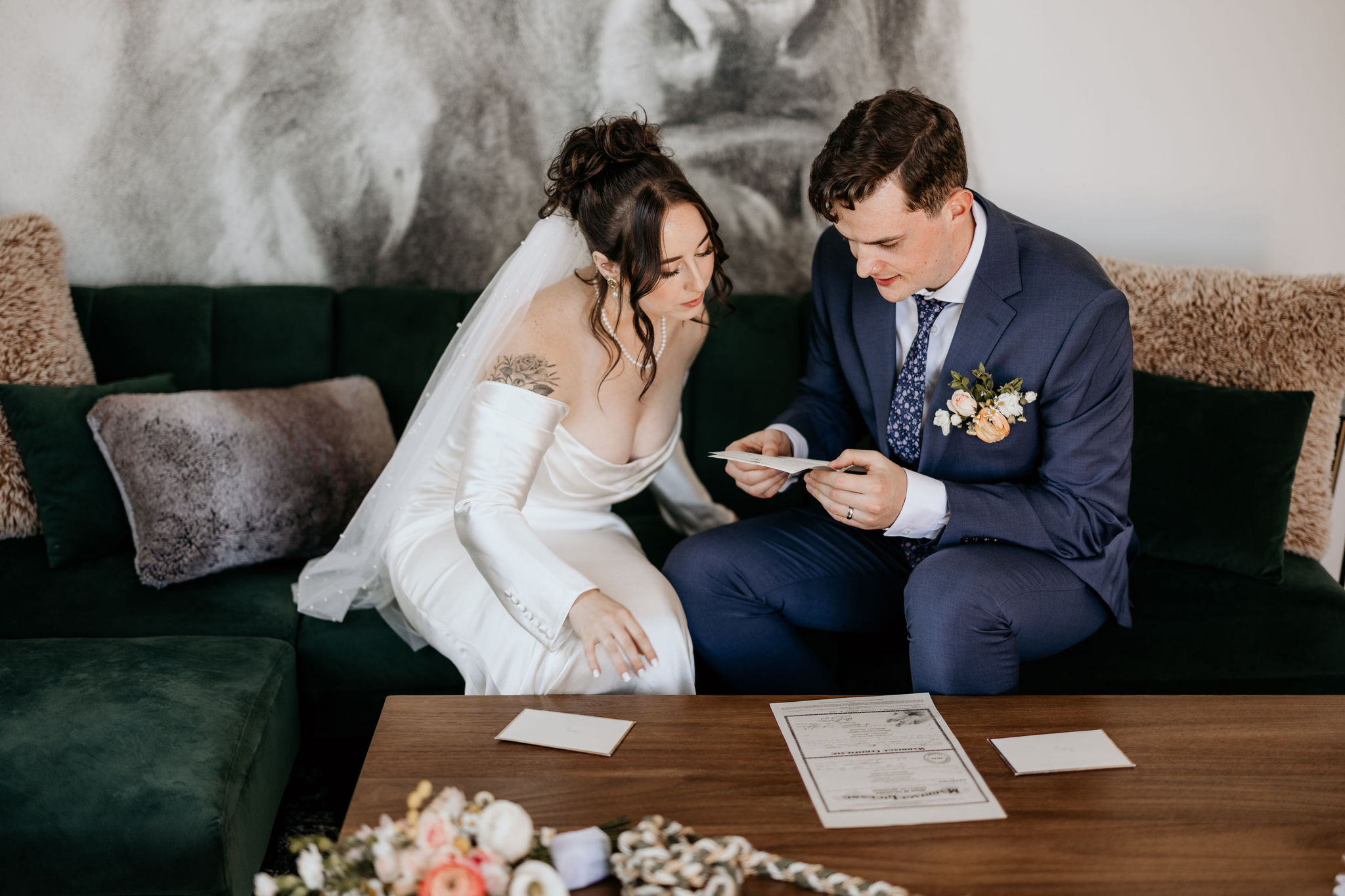 bride and groom tell family about their elopement and had them write letters for their wedding day