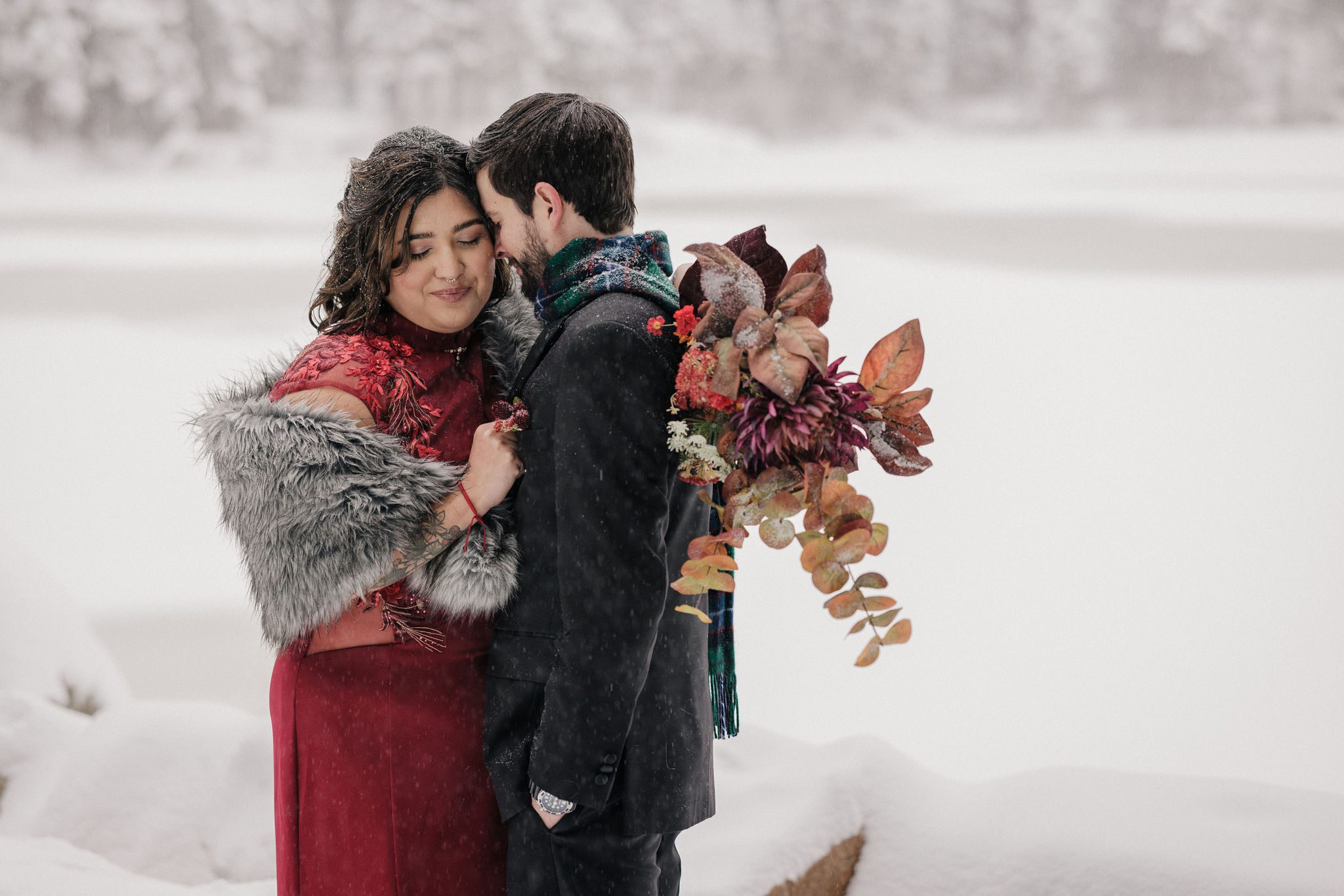 bride and groom pose for colorado elopement photographer in the winter