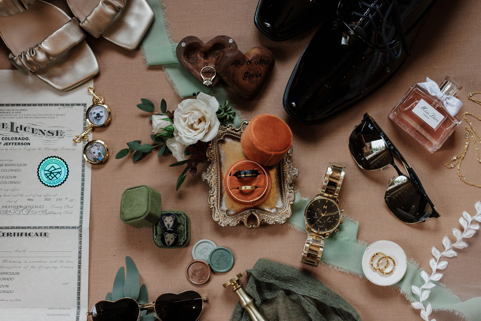 wedding packing list: wedding details including wedding rings, shoes, sunglasses, perfume, and doggy cufflinks.