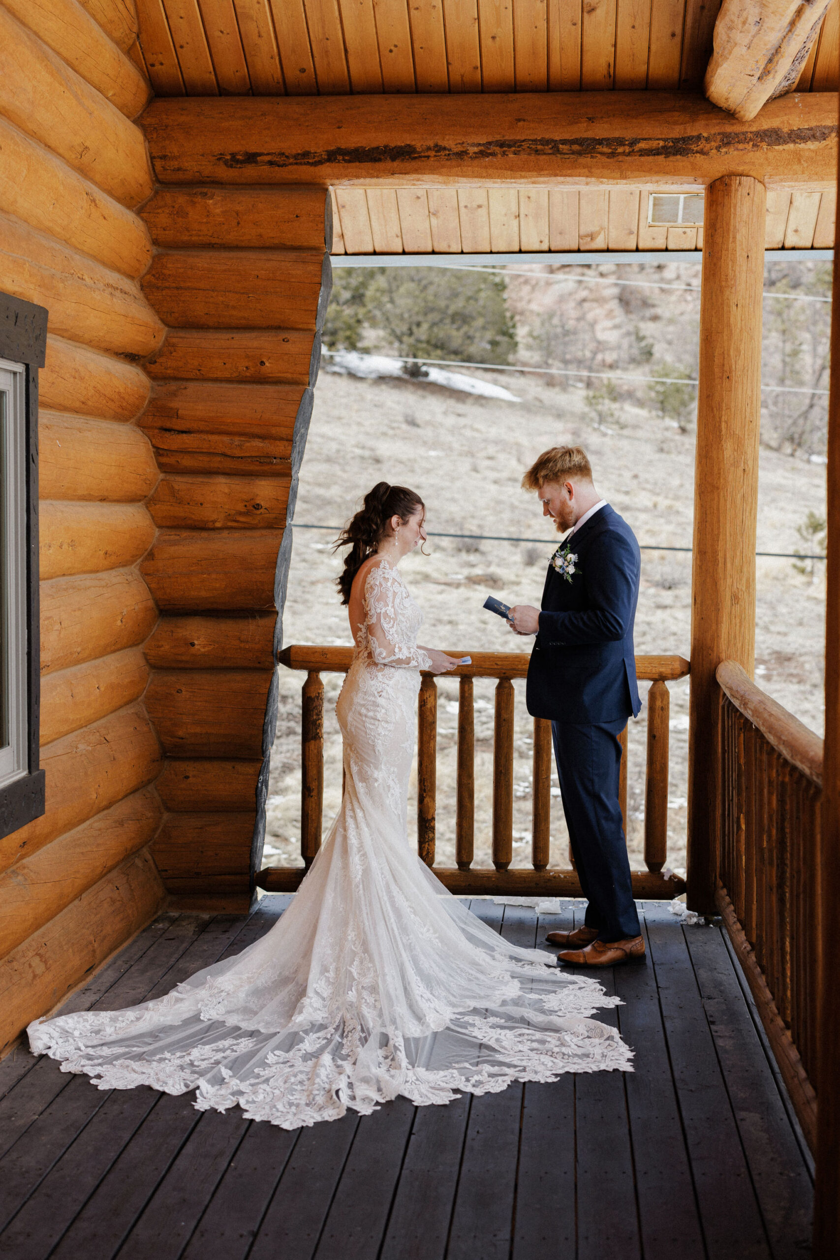bride and groom say wedding vows at venue lodging.