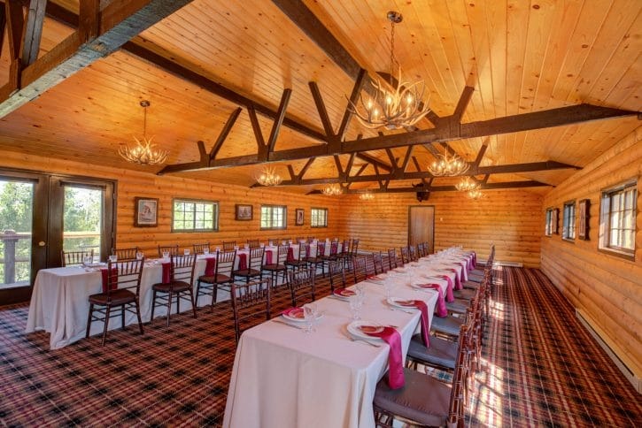 rows of tables set up at colorado micro wedding venue for reception