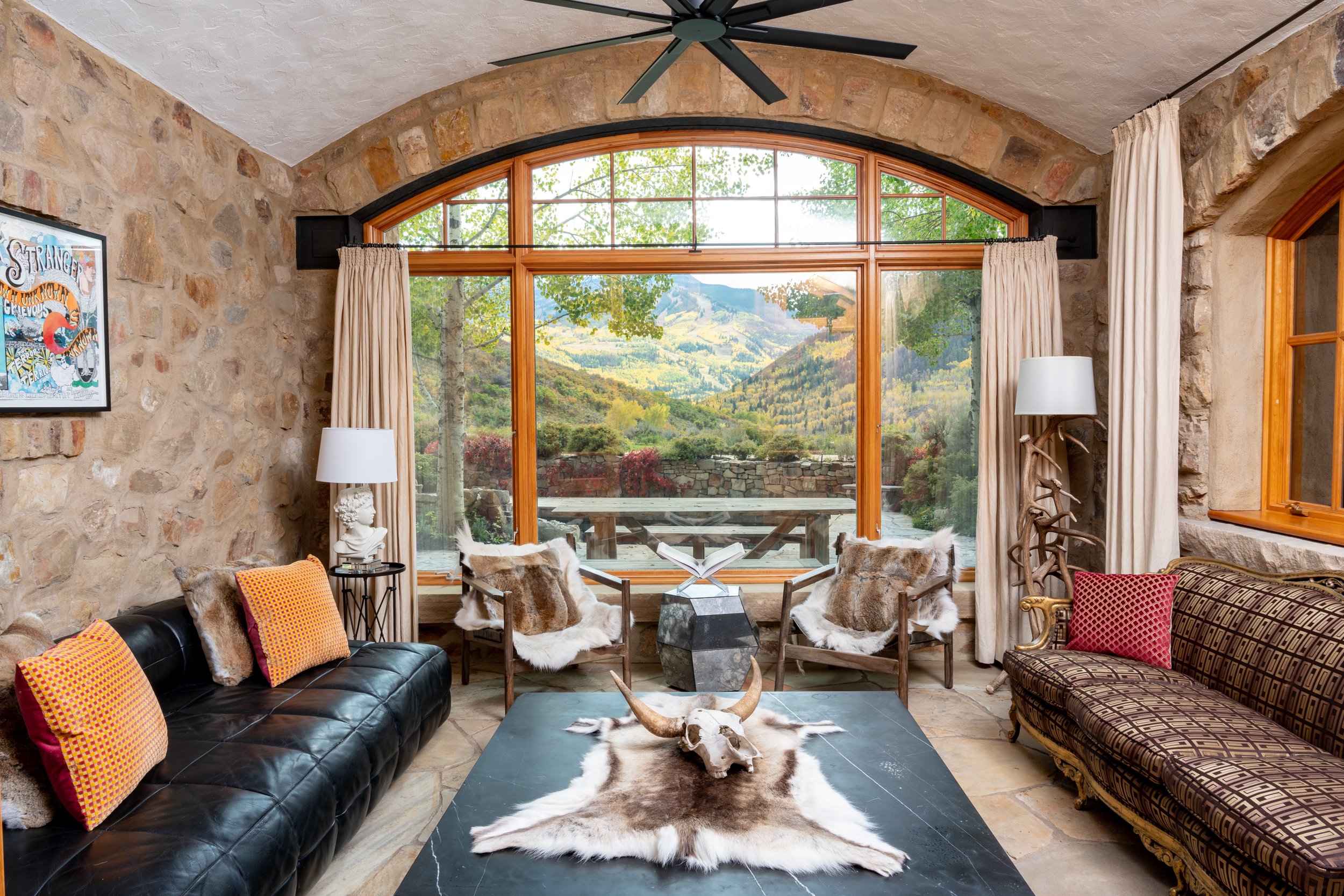 cozy living room with mountain view at Patak Ranch- colorado wedding venue 