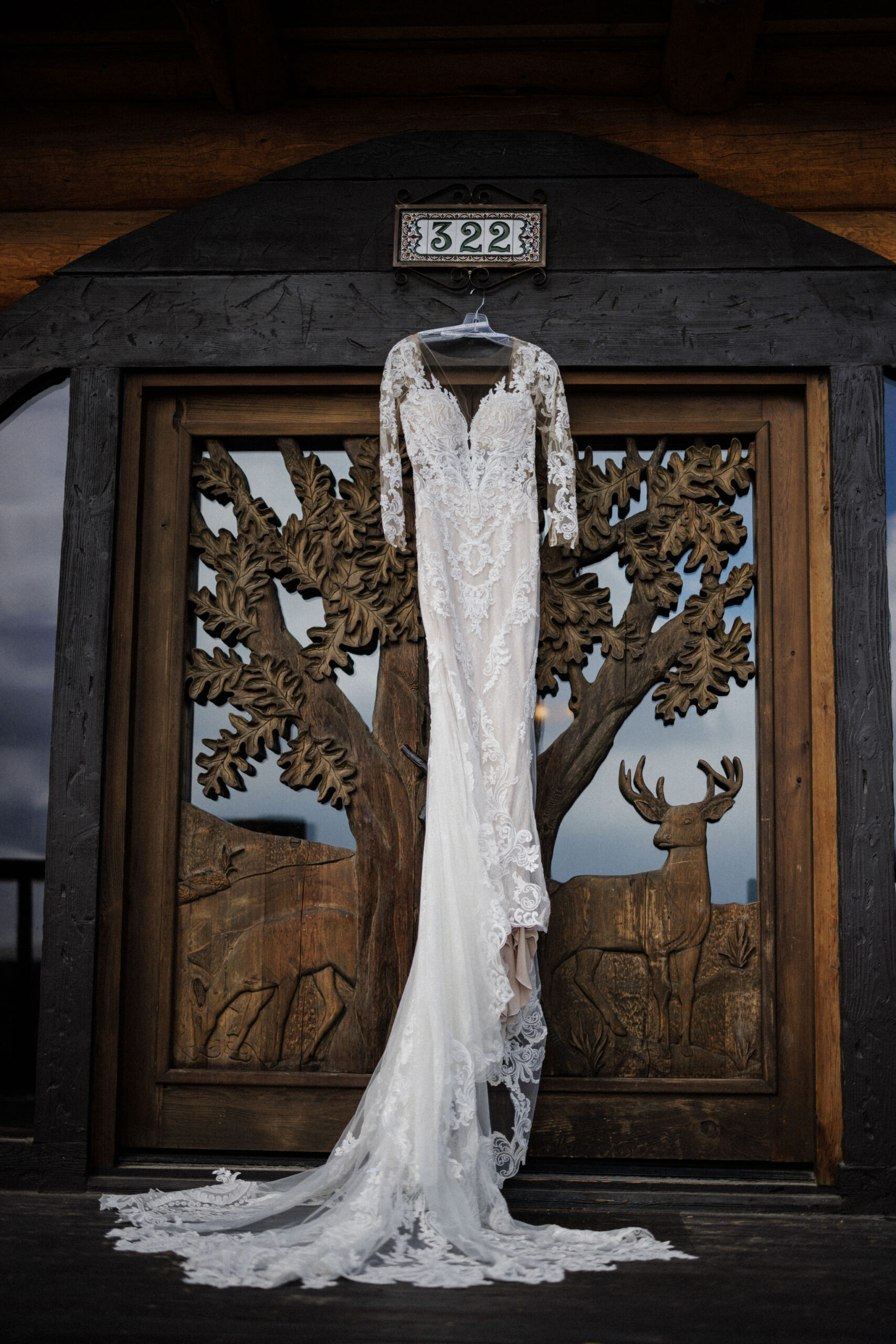 wedding dress hangs on door of colorado airbnb
