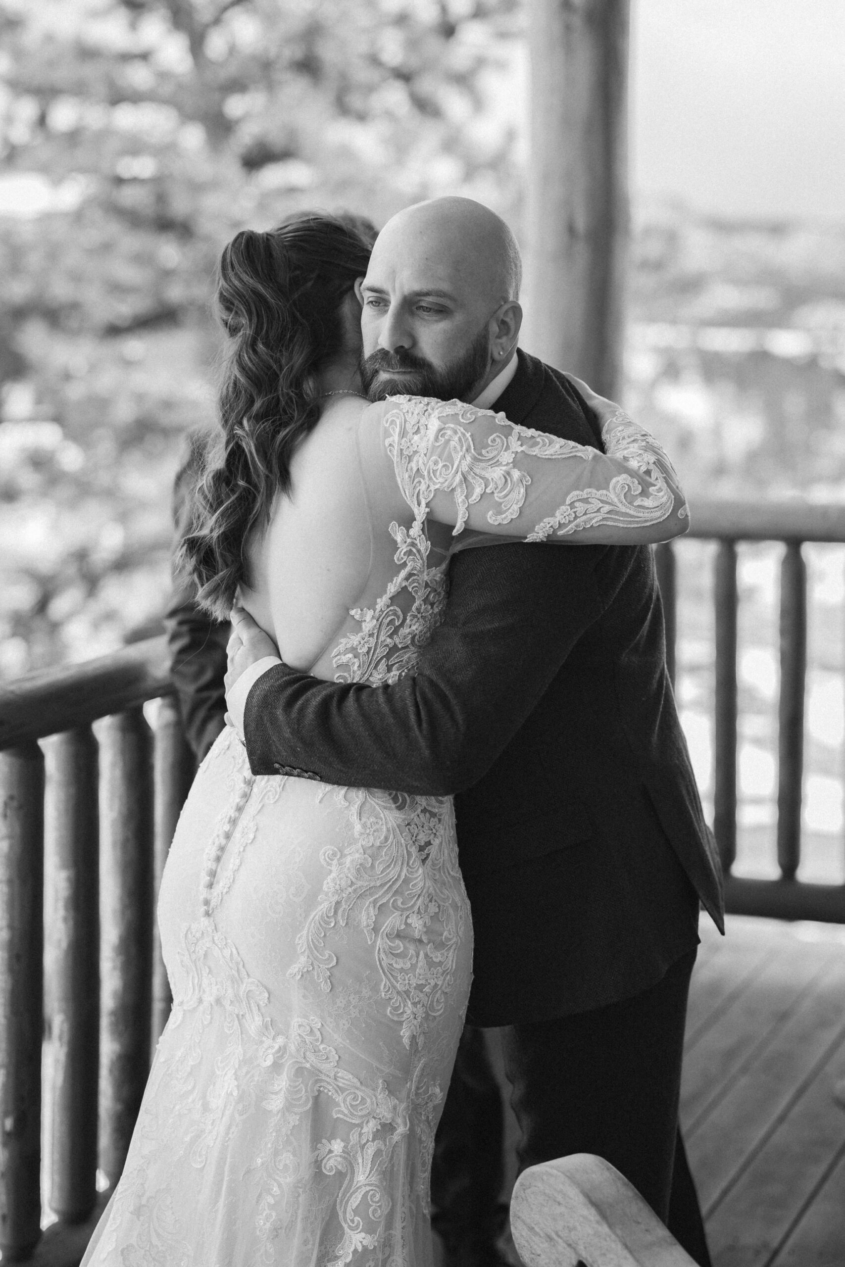 bride and father hug at colorado airbnb micro wedding venue