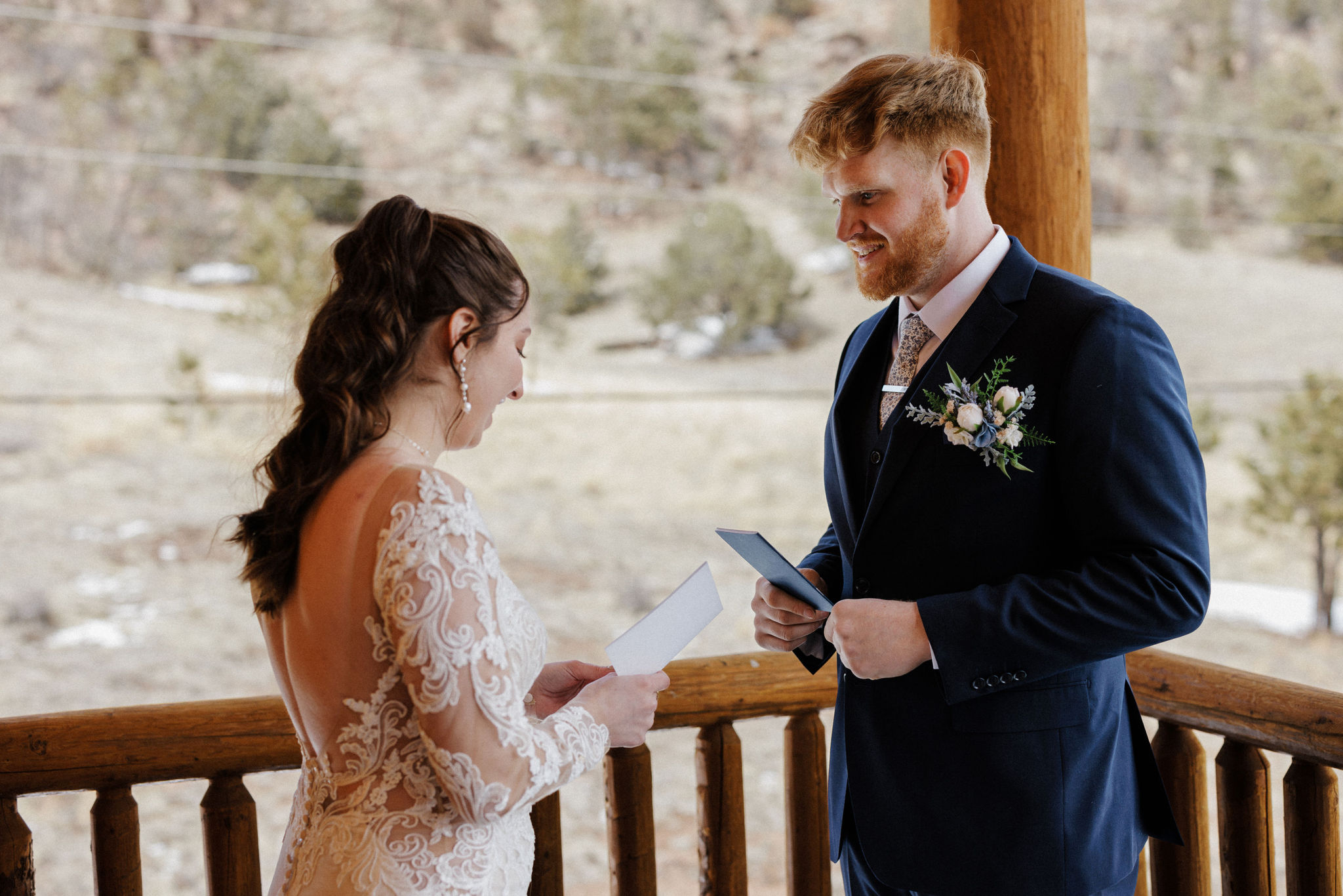bride and groom say wedding vows at an airbnb in colorado.