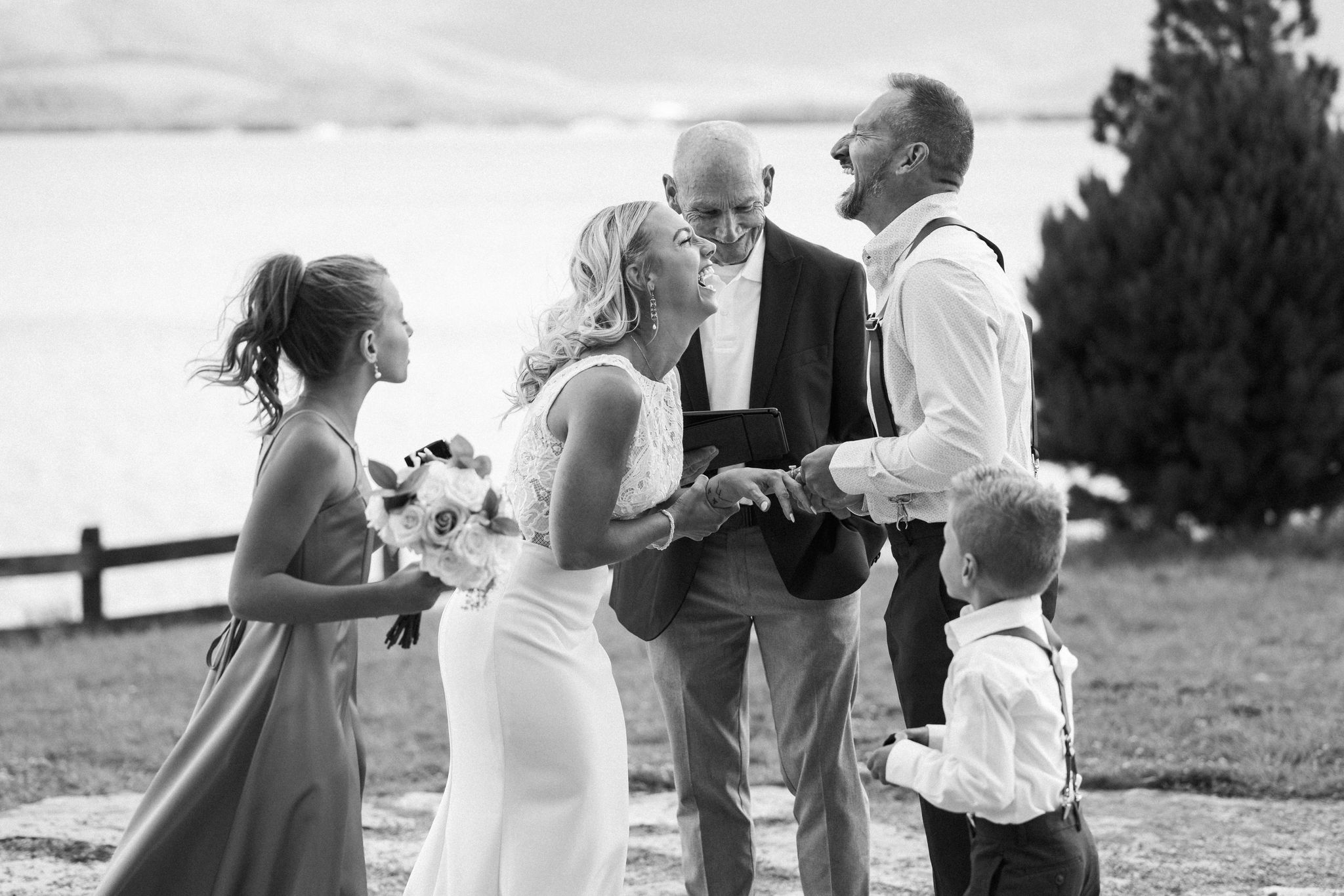 bride and groom laugh during micro wedding ceremony after planning together