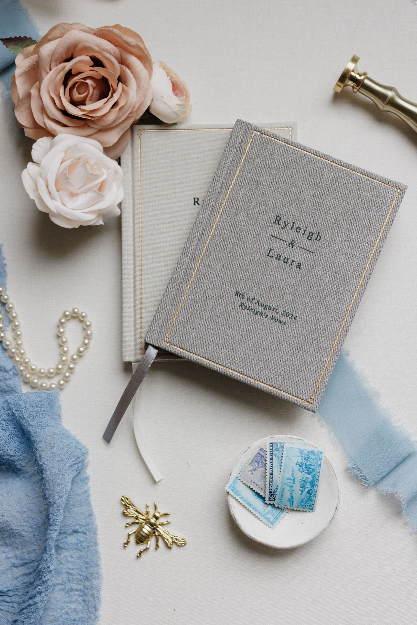 wedding vows books set up with some elopement decor