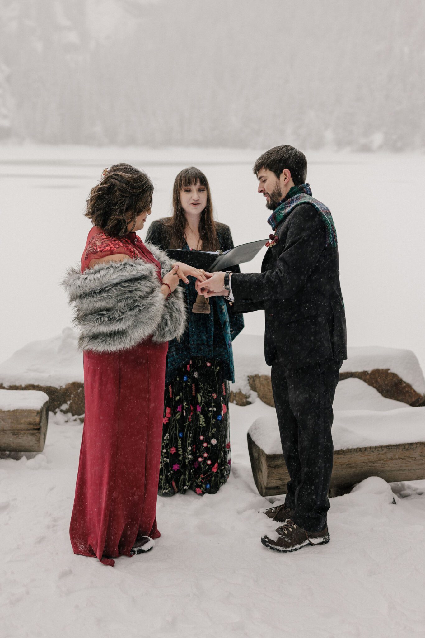 bride and groom say wedding vows during colorado state park wedding