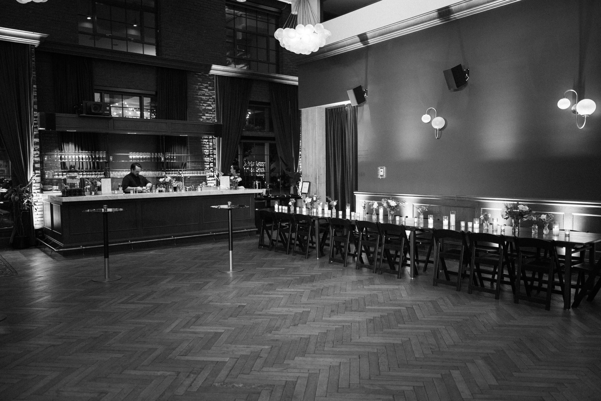 wedding reception area is cleared out for a dance floor at a ramble hotel wedding