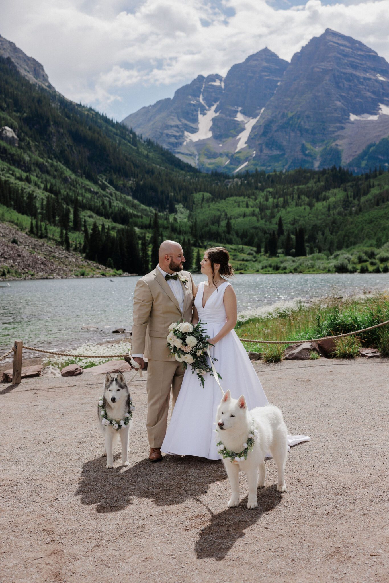 bride, groom, and dogs get married at colorado fall wedding venue- maroon bells