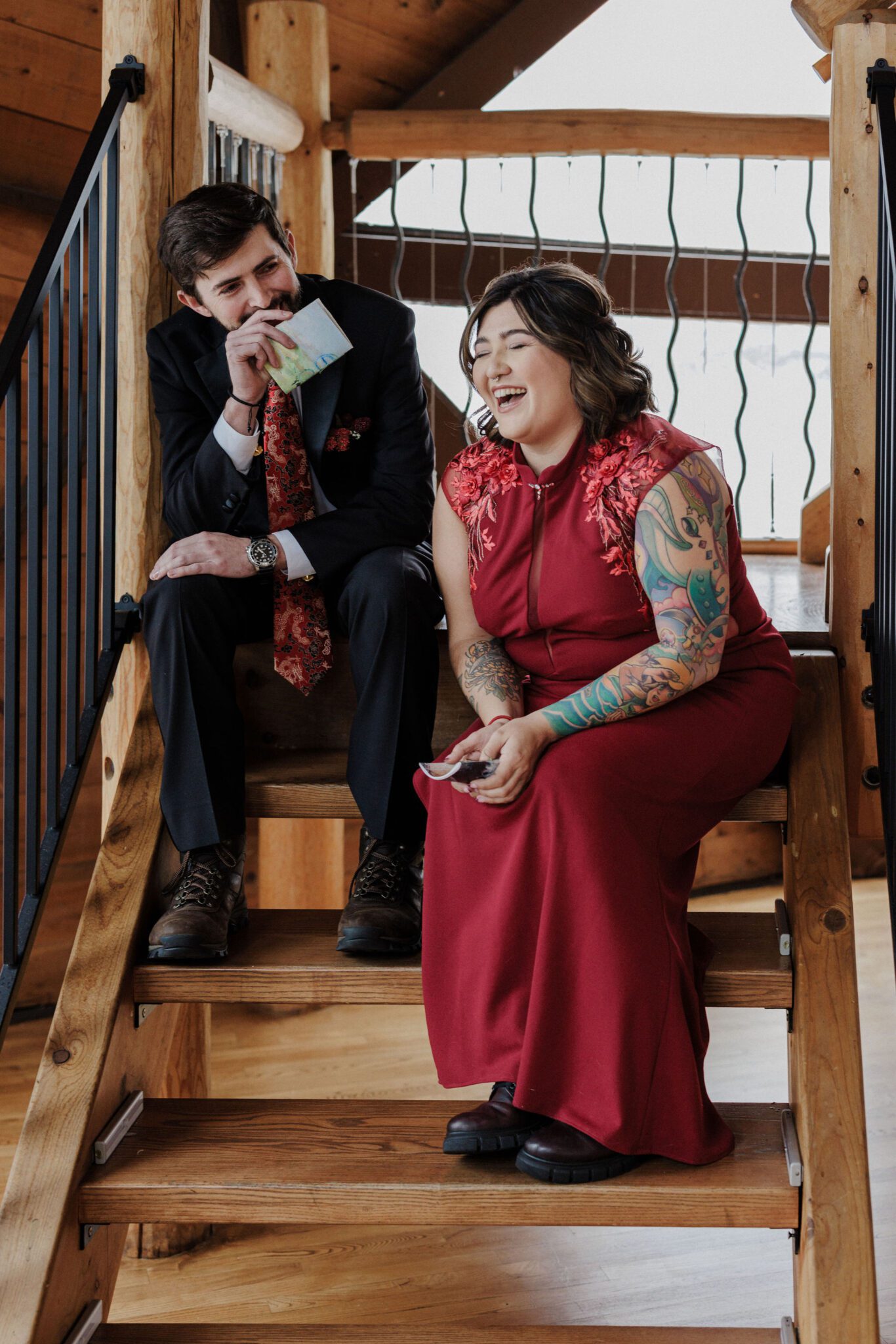 bride and groom say wedding vows on the steps of an airbnb before RMNP elopement