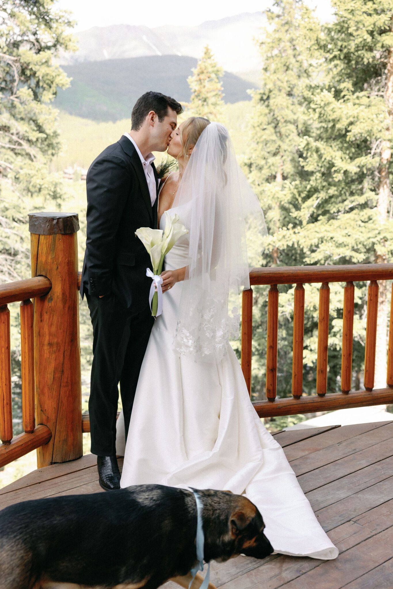 bride and groom kiss on the deck of the airbnb while their dog walks in front of them