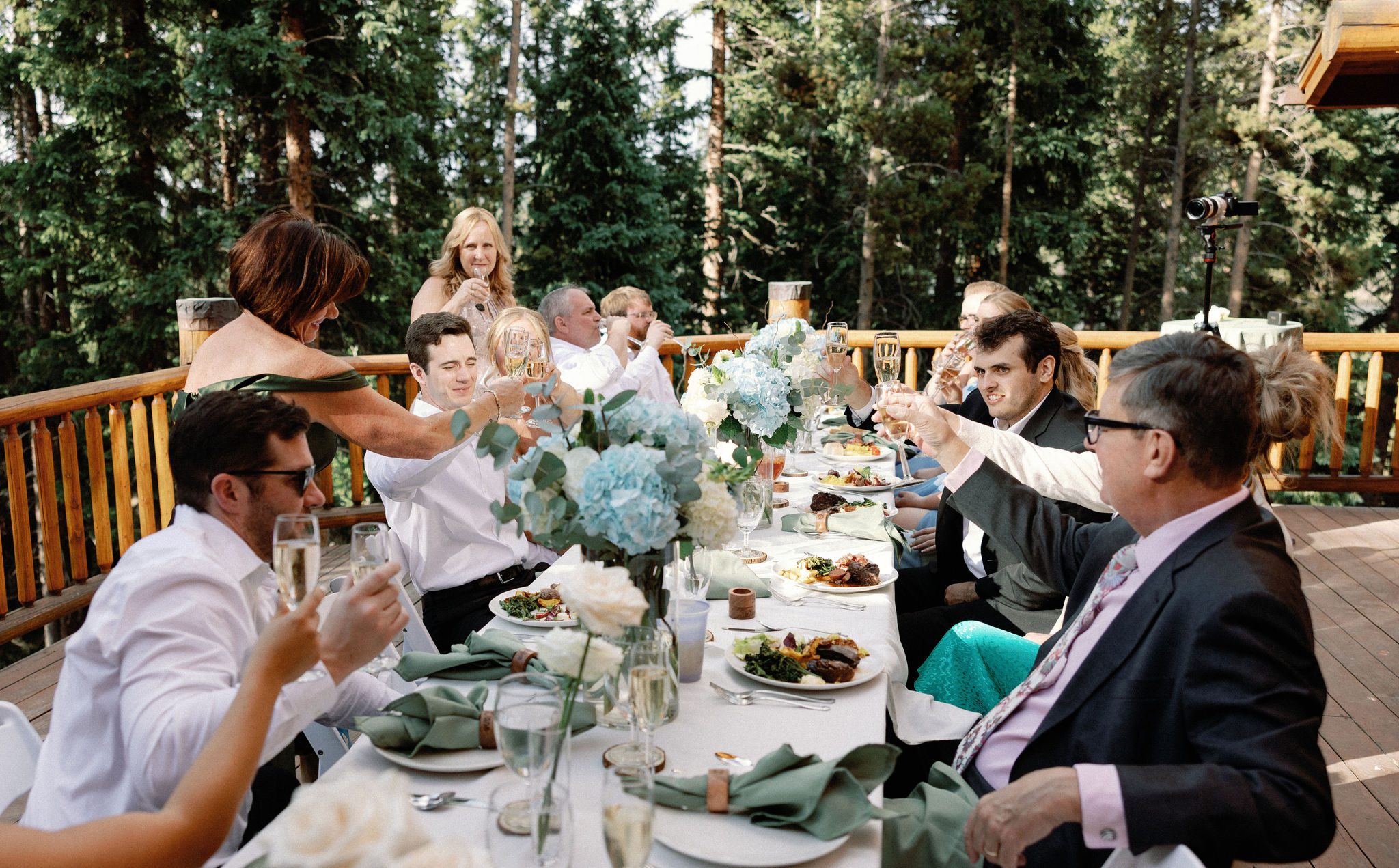 wedding guests toast during the wedding reception on the deck of the airbnb