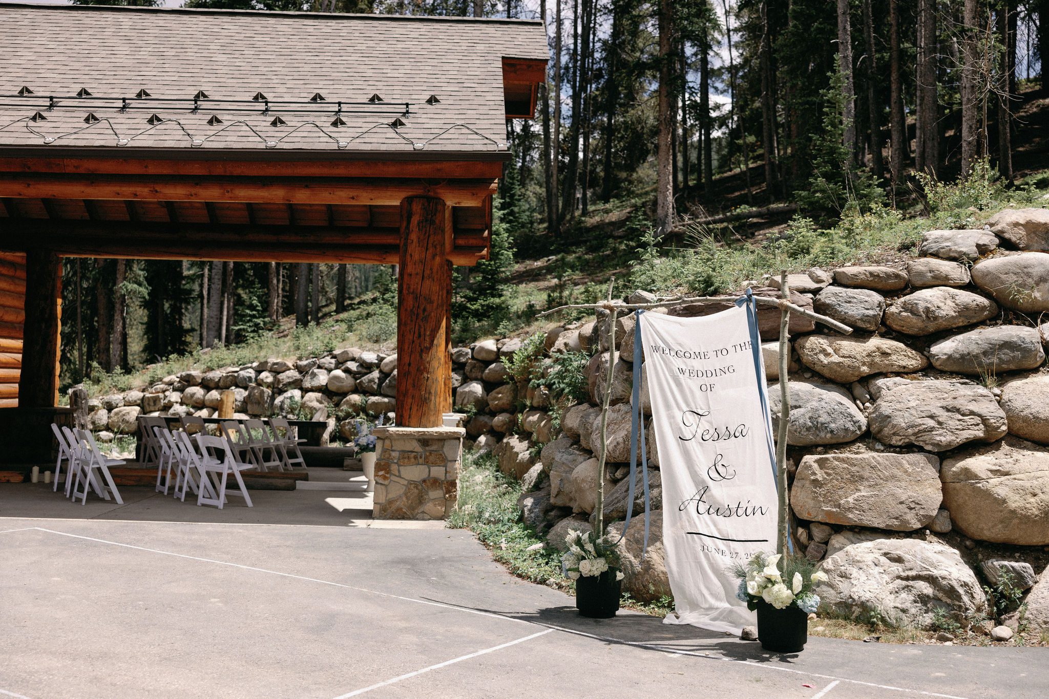 entryway to the airbnb is set up for a mountain wedding in colorado