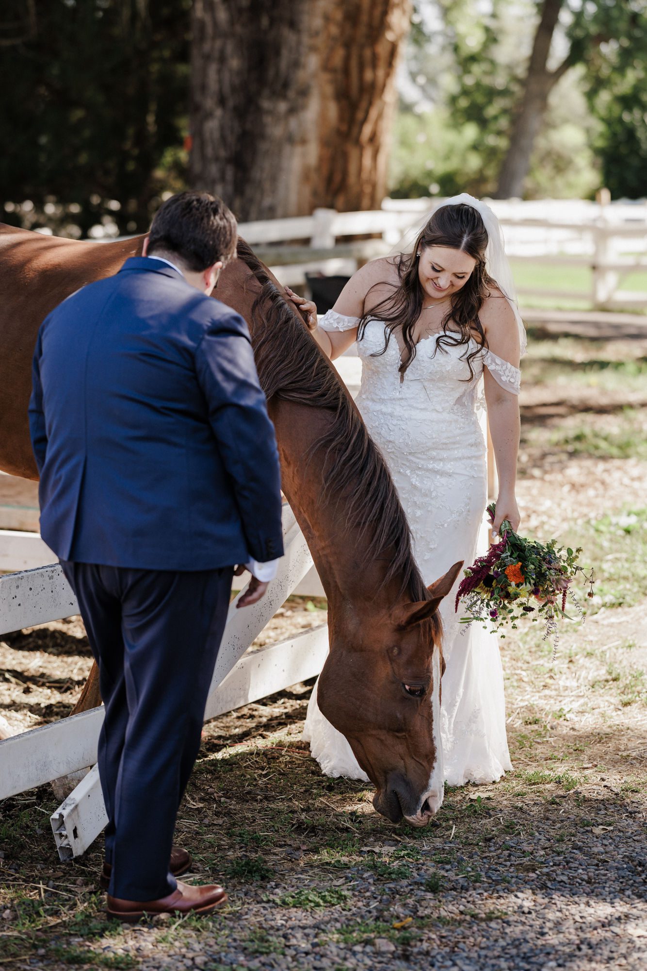 while on the flower farm and barn, two brides pet the horse